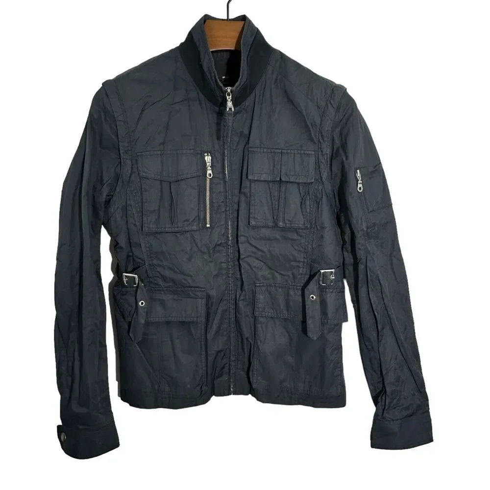 PAUL LA FONTAINE‎ Mens Navy Blue Full Zip Jacket Lined Pockets Buckles Medium